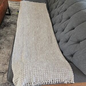 RH Textured Knit Throw Blanket Neutral Beige Cozy Soft Pom Trim